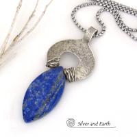 Sterling Silver Pendant Necklace with Natural Blue Lapis Lazuli Gemstone 