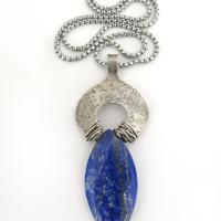 Sterling Silver Pendant Necklace with Natural Blue Lapis Lazuli Gemstone 
