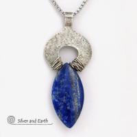 Sterling Silver Pendant Necklace with Natural Blue Lapis Lazuli Gemstone 