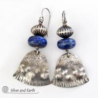 Sterling Silver Earrings with Natural Blue Lapis Gemstones - Modern Tribal Southwest Style Jewelry
