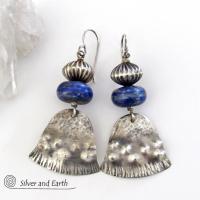 Sterling Silver Earrings with Natural Blue Lapis Gemstones - Modern Tribal Southwest Style Jewelry