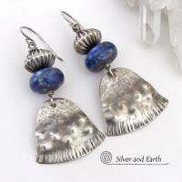 Sterling Silver Earrings with Natural Blue Lapis Gemstones - Modern Tribal Southwest Style Jewelry