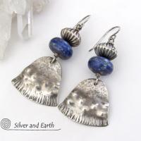 Sterling Silver Earrings with Natural Blue Lapis Gemstones - Modern Tribal Southwest Style Jewelry