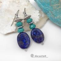 These handcrafted earrings feature natural lapis lazuli oval shaped gemstones accented with faceted turquoise and faceted hematite gemstones and textured silver pewter beads. Full of sundance style and southwestern charm, they'll coordinate well with all wardrobe types. Handmade in the USA by Silver and Earth Jewelry - a Certified New Mexico True business.