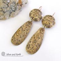 Long Textured Gold Brass Dangle Earrings - Contemporary Modern Metal Jewelry