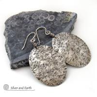 Large Sterling Silver Oval Dangle Earrings with Hammered Rustic Earthy Organic Texture