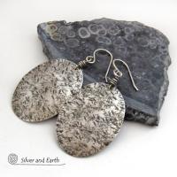 Large Sterling Silver Oval Dangle Earrings with Hammered Rustic Earthy Organic Texture