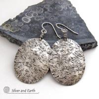 Large Sterling Silver Oval Dangle Earrings with Hammered Rustic Earthy Organic Texture