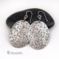 Large Modern Sterling Silver Oval Dangle Earrings with Hand Stamped Texture