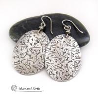 Large Modern Sterling Silver Oval Dangle Earrings with Hand Stamped Texture