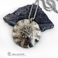 Rustic Hammered Sterling Silver Circle Pendant Necklace - Modern Earthy Organic Silver Jewelry