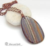 Large Tiger Iron Gemstone Pendant on Copper Chain Necklace - One of a Kind Earthy Natural Stone Jewelry