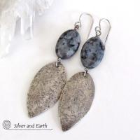 Sterling Silver Dangle Earrings with Natural Larvikite Gemstones