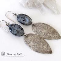 Sterling Silver Dangle Earrings with Natural Larvikite Gemstones