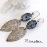 Sterling Silver Dangle Earrings with Natural Larvikite Gemstones