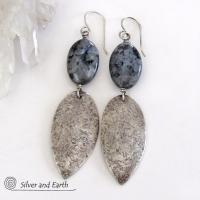 Sterling Silver Dangle Earrings with Natural Larvikite Gemstones