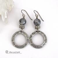 Silver Pewter Hoop Earrings with Larvikite Gemstones - Black Labradorite / Norwegian Moonstone Jewelry