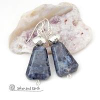 Larvikite Gemstone Earrings on Sterling Silver Wires - Black Labradorite Norwegian Moonstone Jewelry