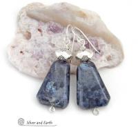 Larvikite Gemstone Earrings on Sterling Silver Wires - Black Labradorite Norwegian Moonstone Jewelry