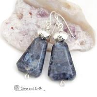 Larvikite Gemstone Earrings on Sterling Silver Wires - Black Labradorite Norwegian Moonstone Jewelry