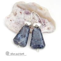 Larvikite Gemstone Earrings on Sterling Silver Wires - Black Labradorite Norwegian Moonstone Jewelry