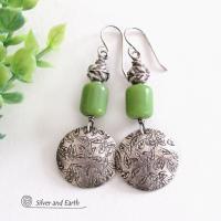 Hand Stamped Sterling Silver Leaf Earrings with Green Serpentine Stones - Unique Earthy Nature Jewelry Gifts for Women