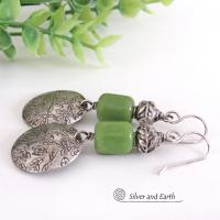 Hand Stamped Sterling Silver Leaf Earrings with Green Serpentine Stones - Unique Earthy Nature Jewelry Gifts for Women