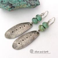 Long Hammered Sterling Silver Dangle Earrings with African Turquoise Stones