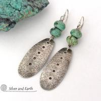 Long Hammered Sterling Silver Dangle Earrings with African Turquoise Stones