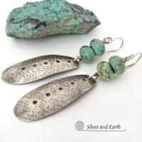 Long Hammered Sterling Silver Dangle Earrings with African Turquoise Stones