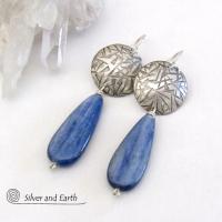 Handcrafted Modern Sterling Silver Earrings with Long Dangly Blue Kyanite Gemstones