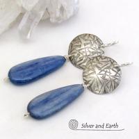 Handcrafted Modern Sterling Silver Earrings with Long Dangly Blue Kyanite Gemstones