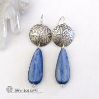 Handcrafted Modern Sterling Silver Earrings with Long Dangly Blue Kyanite Gemstones