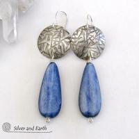 Handcrafted Modern Sterling Silver Earrings with Long Dangly Blue Kyanite Gemstones