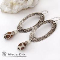 Long Sterling Silver Oval Hoop Earrings with African Agate Beads - Earthy Tribal Jewelry