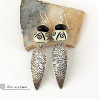 Sterling Silver Tribal Spear Earrings with African Carved Bone & Black Beads - Handcrafted Bold Exotic Ethnic Style Jewelry