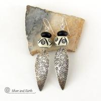Sterling Silver Tribal Spear Earrings with African Carved Bone & Black Beads - Handcrafted Bold Exotic Ethnic Style Jewelry