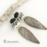 Sterling Silver Tribal Spear Earrings with African Carved Bone & Black Beads - Handcrafted Bold Exotic Ethnic Style Jewelry