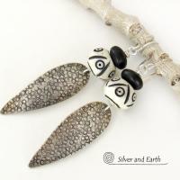 Sterling Silver Tribal Spear Earrings with African Carved Bone & Black Beads - Handcrafted Bold Exotic Ethnic Style Jewelry