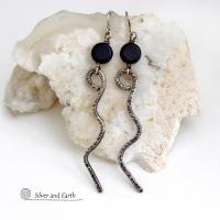 Long Hammered Sterling Silver Dangle Earrings with Black Onyx Stones - Contemporary Modern Minimalist Jewelry