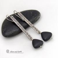 Long Sterling Silver Stick Earrings with Matte Black Onyx Triangle Stone Dangles - Artisan Handcrafted Bold Contemporary Modern Jewelry