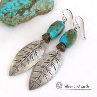 Sterling Silver Feather Earrings with Natural Turquoise and Bronzite Stones - Southwestern Style Jewelry