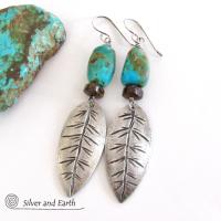 Sterling Silver Feather Earrings with Natural Turquoise and Bronzite Stones - Southwestern Style Jewelry