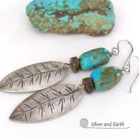 Sterling Silver Feather Earrings with Natural Turquoise and Bronzite Stones - Southwestern Style Jewelry