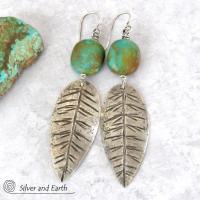 Sterling Silver Feather Earrings with Turquoise - Modern Southwestern Jewelry