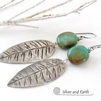 Sterling Silver Feather Earrings with Turquoise - Modern Southwestern Jewelry