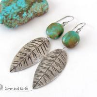 Sterling Silver Feather Earrings with Turquoise - Modern Southwestern Jewelry