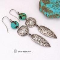 Long Sterling Silver Dangle Earrings with Natural Turquoise Stones - Bold Statement Jewelry