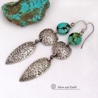 Long Sterling Silver Dangle Earrings with Natural Turquoise Stones - Bold Statement Jewelry