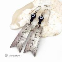 Long Oxidized Sterling Silver Earrings with Hand Stamped Texture - Bold Modern Edgy Tribal Style Jewelry